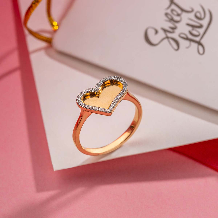 YELLOW GOLD ring with heart shaped unique design with small diamonds pakistan