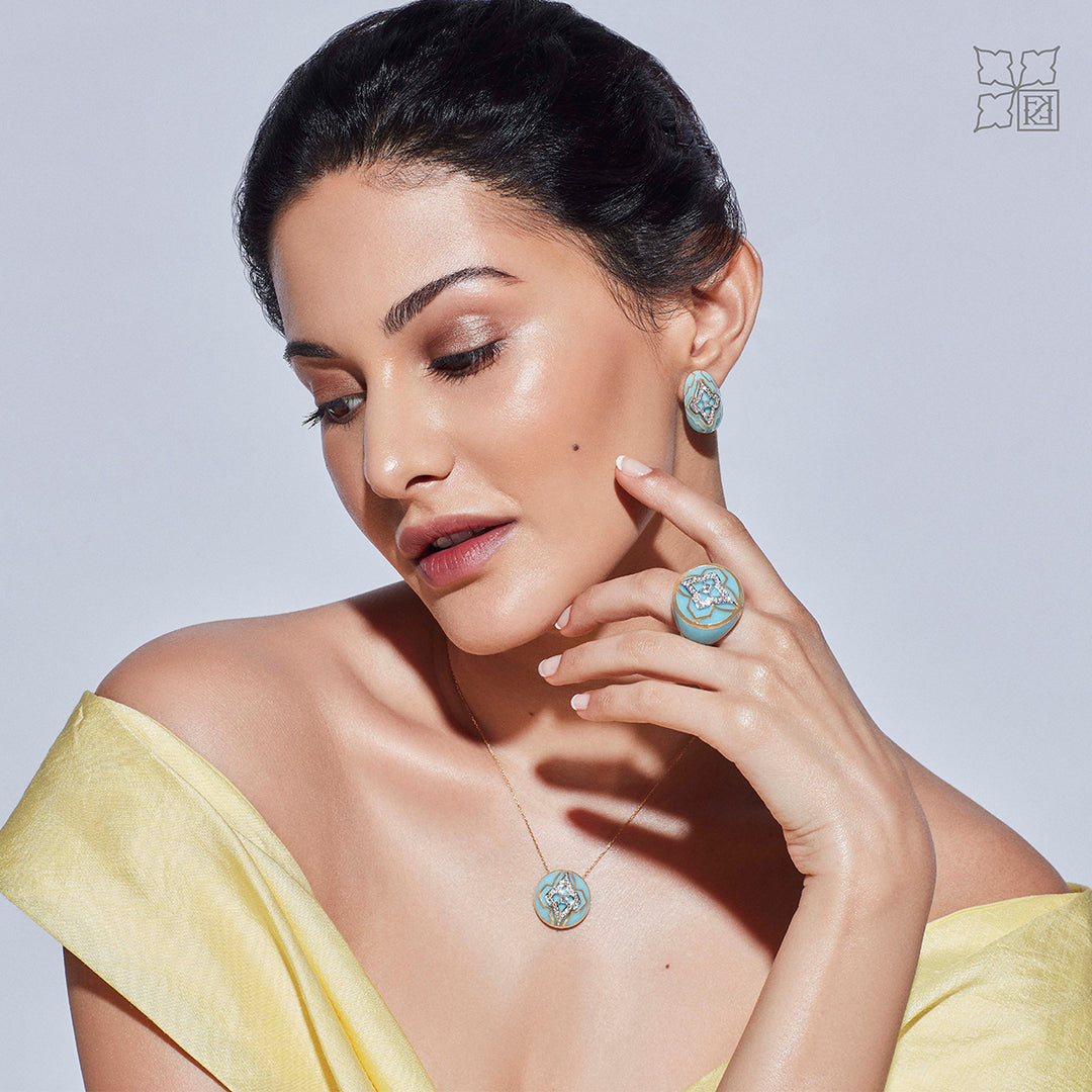 Diamond Studded Turquoise Ring Earrings and Necklace