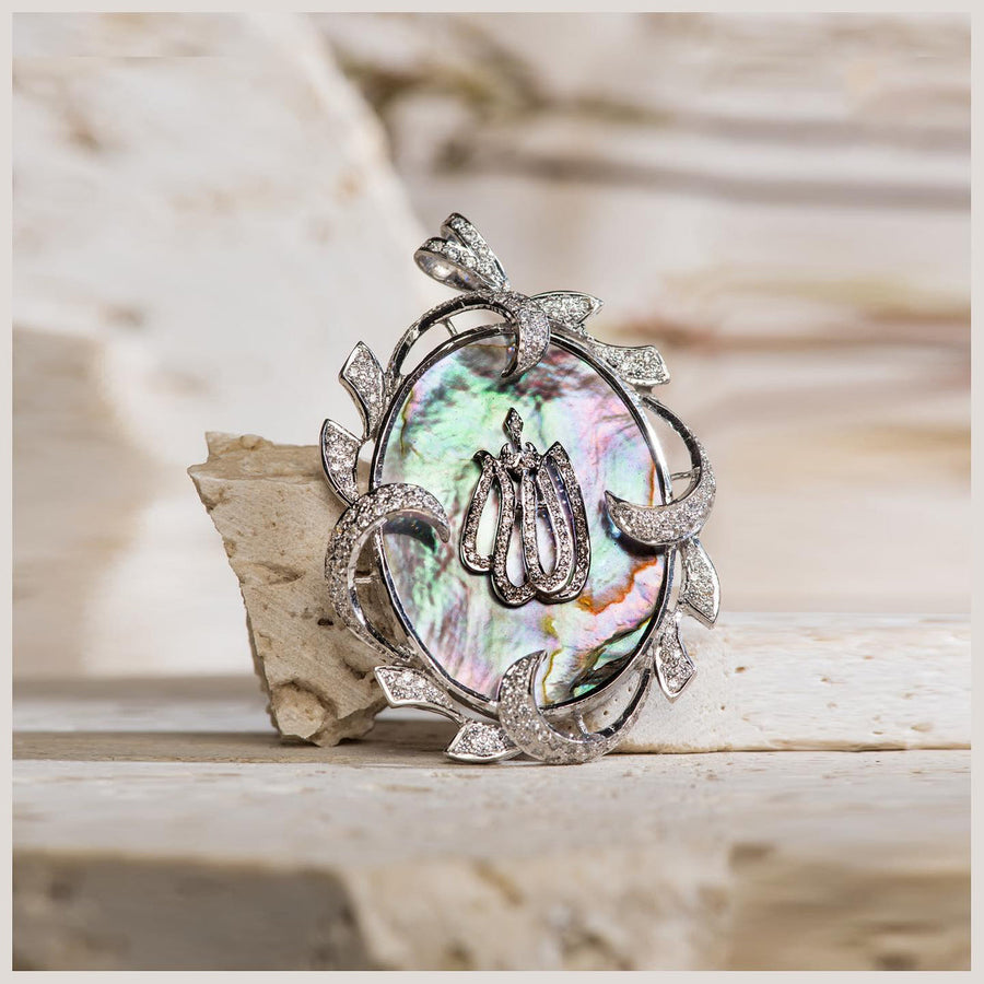 Name of ALLAH written with Diamonds studded on mother of pearl pendant